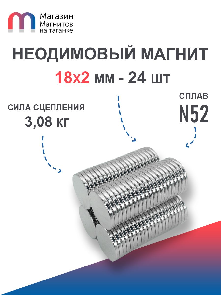 Неодимовыймагнитусиленныйдиск18х2мм(N52)-24шт