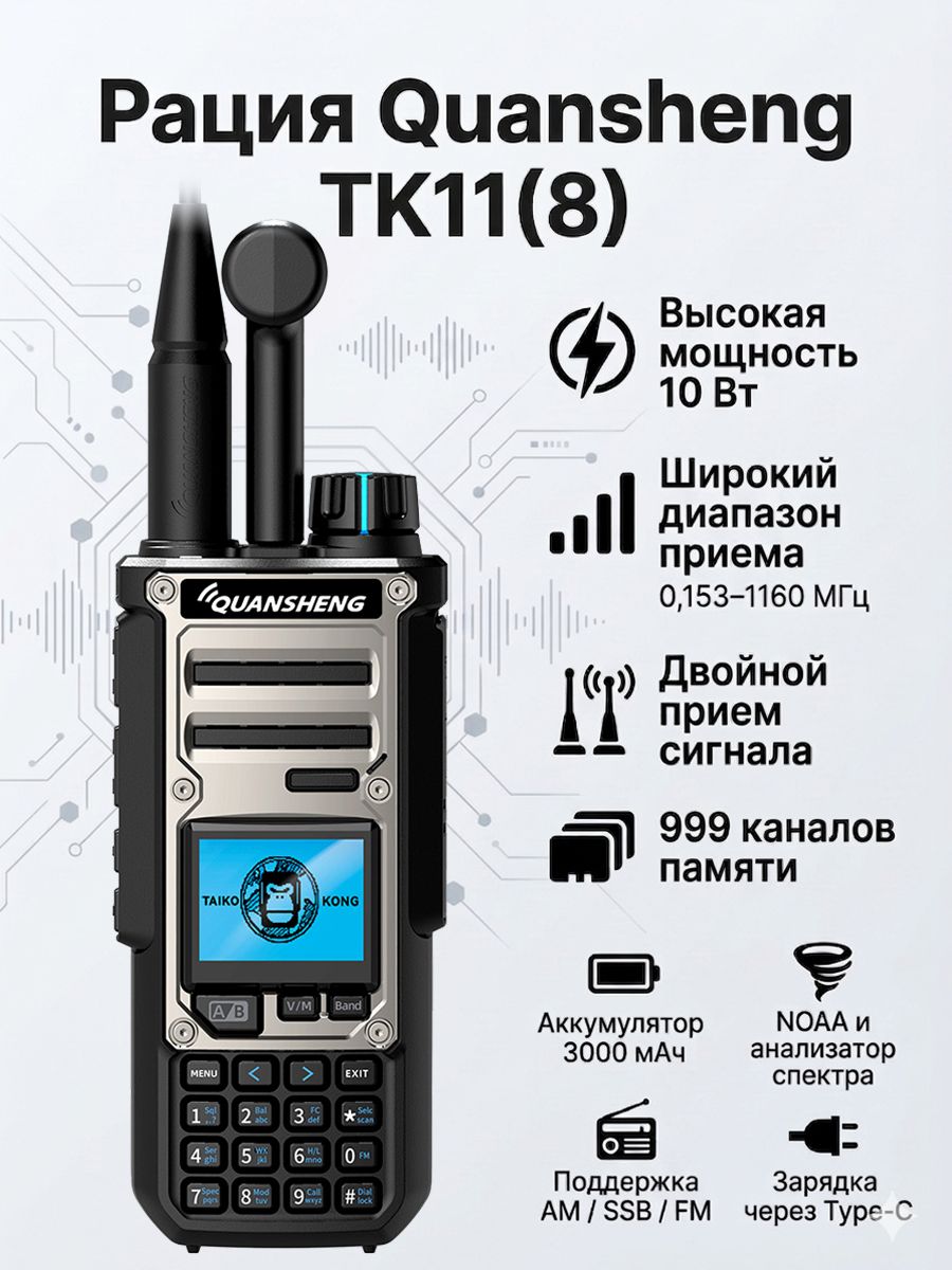 РацияQuanshengTK1110W,999каналов,3000мАч,AM/SSB/FM,NOAA,Type-C